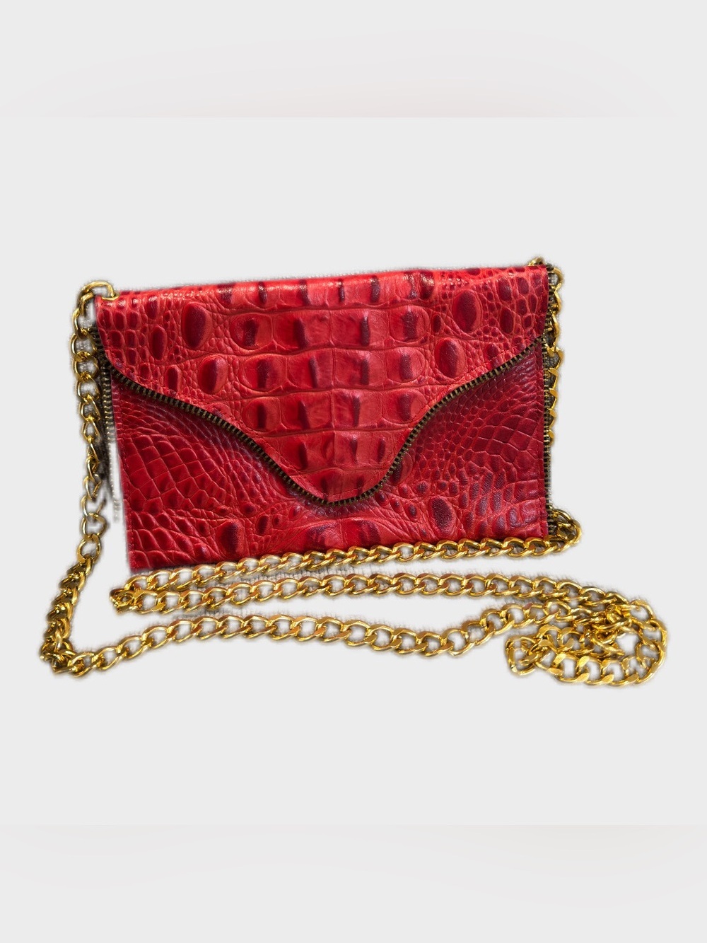 J.J. Winters Red Hornback Crocodile Embossed Leather Clutch and Gold Chain Strap